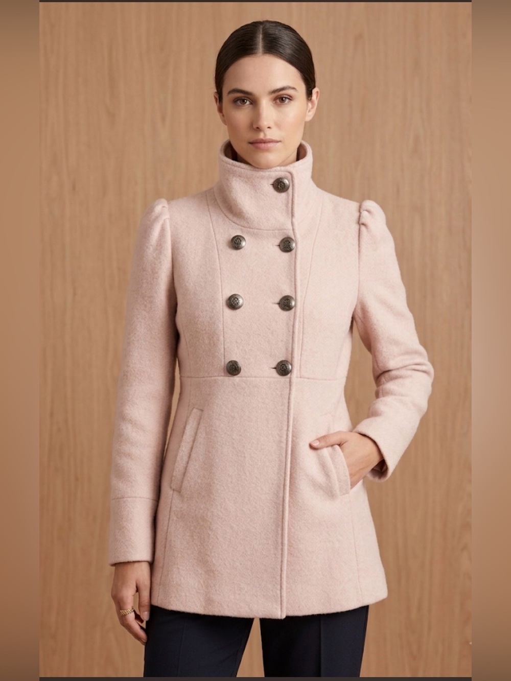 Guess. The item in the selected region is a Vintage Light Pink Guess Peacoat. M
